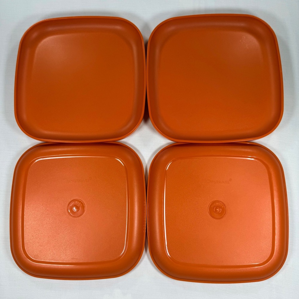 Vintage 1970s Tupperware Picnic On The Go 8" Square Plates Orange Set of 4 USA